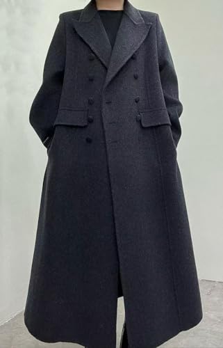 Women Long Winter Wool Pea Coat Lapel Double Breasted Trench Over Coat with Belt - color: Black, size: Medium