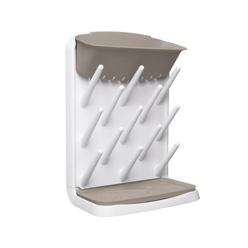 Ubbi Space Saving Baby Bottle Drying Rack with 13 Pegs, Removable Top and Bottom Trays, Set of 2 Microfiber Dish Drying Mats