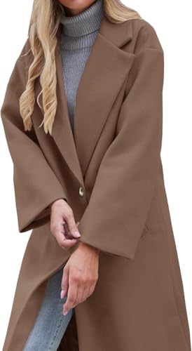 Women's Notch Lapel Single Breasted Pea Coat | Premium Wool Blend, Oversized Long Casual Overcoat with Pockets, Fall and Winter - color: Camel, size: X-Large