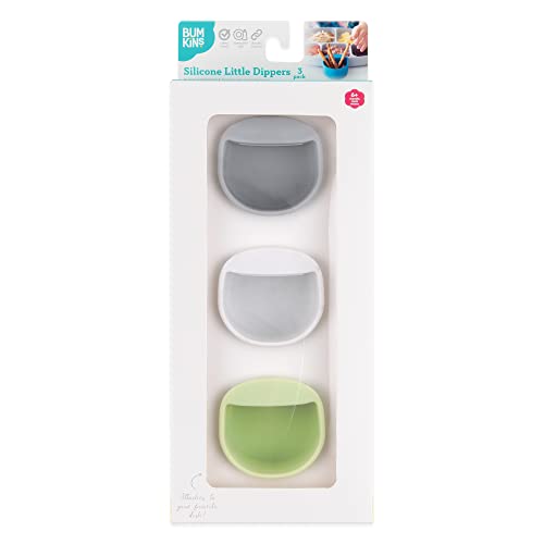 Bumkins Baby Silicone Little Dippers, Attaches to Bowls, Dishes and Plates, Sauce Cup, Holds Condiments, Dip, Puree, Toppings, Baby Led Weaning, Essential Feeding Supplies, for Babies 6 Months Up - color: Gry-Grn 3pk, size: 3-Pack