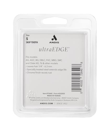 Andis 72640 UltraEdge Skip-Tooth Blade, Size 5, 1/4in Cut, Chrome | Rockwell 65 hardness, fits Andis, Conair, Oster & Wahl detachable clippers, terrier finishing - style: 5 Skip Tooth Blade (Pack of 1)