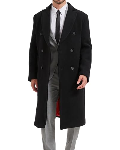 Mens Black Wool Double Breasted Overcoat – Cashmere Long Winter Coat, Peak Lapel Topcoat - color: Black - Red Lining, size: 40