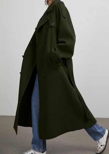 chouyatou Women's Winter Double Breasted Wool Coat Long Sleeve Notch Lapel Midi Long Winter Trench Coat with Belt - color: Army Green, size: XX-Large