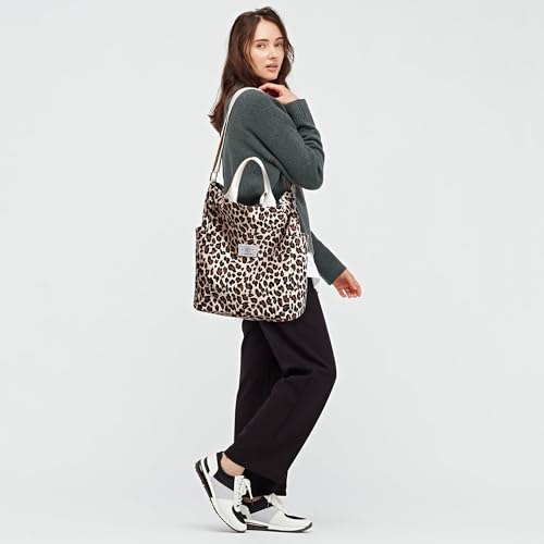 KALIDI Corduroy Tote Bag, Large Slouchy Hobo Messenger Crossbody Bag | Anti Splash Zipper Side Pockets Shoulder Bag Adjustable Strap Lightweight Casual Work Shopping Women - color: Leopard
