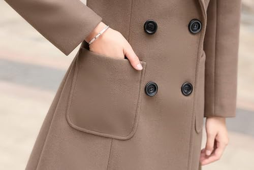 chouyatou Women Elegant Notched Collar Double Breasted Wool Blend Over Coat - color: Khaki, size: Large