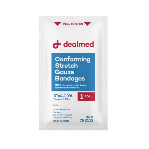 Dealmed Sterile Conforming Stretch Gauze 3 in - Latex Free - 12 Rolls | 4.1 Yards Each, Polyester Cotton Blend, Individually Wrapped, Non-Adherent Mesh, Whole Body Use, 900 Day Shelf Life, White - size: 3 Inch (Box), style: Sterile