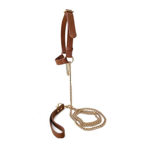 Adjustable Genuine Leather Goat Halter with Chain Lead, Premium Show Goat Halter for Training, Elegant Livestock Handling Supplies, Durable Goat Head Collar for Goats (33–110 lb)