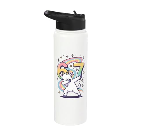 Magical Rainbow Dabbing Goat Funny Six Seven Meme Kids Teens Stainless Steel Insulated Water Bottle - color: White