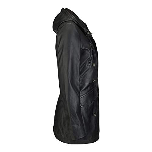 TruClothing Womens Real Leather Parker Coat 3/4 Hooded Safari Duffle Jacket Black Soft - size: XX-Large