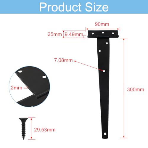 Murtenze 12 Inch T-Strap Barn Door Hinges, Black, 2PCS | Heavy Duty, Gate Strap Hinges, Wrought Iron Hardware, For Wooden Fences Yard, Rustproof - color: Black, size: 12 Inch - 2Pack