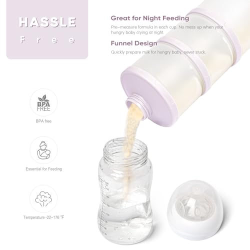 Termichy Stackable Formula Dispenser Portable: Milk Powder Container to go | Separated Compartments Premeasure Storage - Mess-Free Funnel Spout for No-Spill Pouring - for Home or Travel Use - color: Light Purple