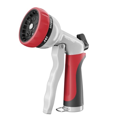 RESTMO Garden Hose Nozzle, Heavy Duty Metal Water Hose Nozzle with 7 Adjustable Spray Patterns, High Pressure Hand Sprayer with Flow Control, Best for Watering Plants & Lawns, Washing Cars & Pets, Red - color: Red