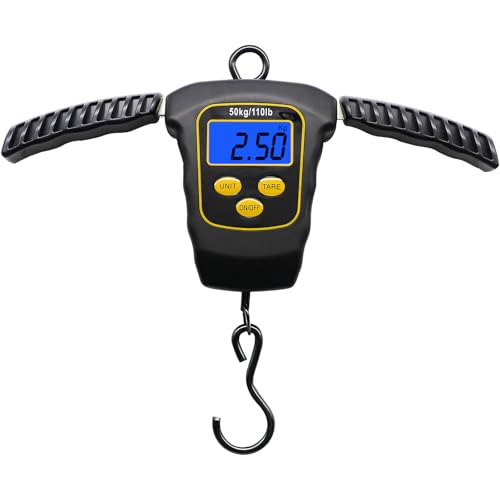 Fish Scale 110lbs/50kg Waterproof Hanging Fishing Portable Weight Scale | Strong Hook Scale, Back-lit LCD Display, Digital Spring Balance, Folding Handles, Luggage Weighing, Fishing Gift for Men