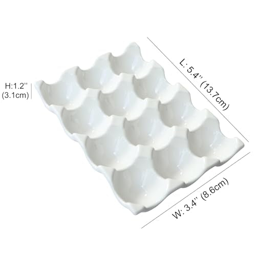 Ceramic Egg Holder 12 Cups Dozen Egg Tray Container for Fridge & Countertop | White, Polished Surface, with Non-Slip Base | Porcelain Holder for Eggs for Refrigerator