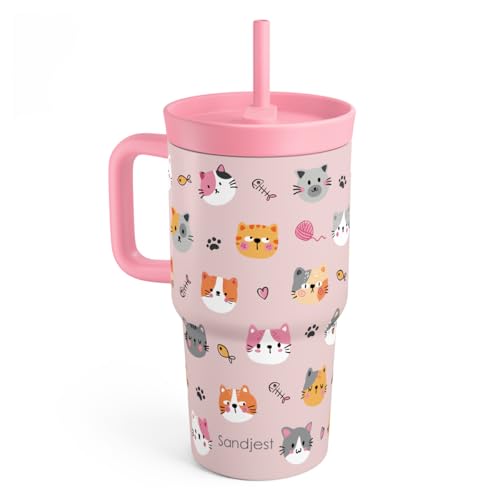 SANDJEST Cat Stainless Steel Tumbler 20oz with Handle and Silicone Straw Locking Lid for Kids Girls, Birthday Christmas Back to School - color: Cat