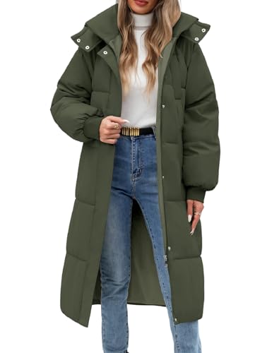 Women Long Puffer Coat Winter Warm Hooded Jacket Long Sleeve Parka Full Length Down Coats With Zip - color: Army Green, size: Medium