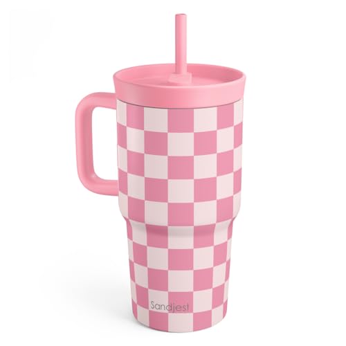 SANDJEST Checker Stainless Steel Tumbler 20oz with Handle and Silicone Straw Locking Lid for Kids Girls, Birthday Christmas Back to School - color: Checker 2