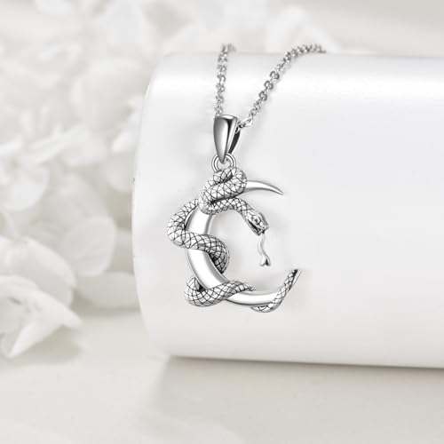 Snake Moon Necklace - 925 Sterling Silver Moon Pendant Necklace - Snake Jewelry for Women - style: snake moon