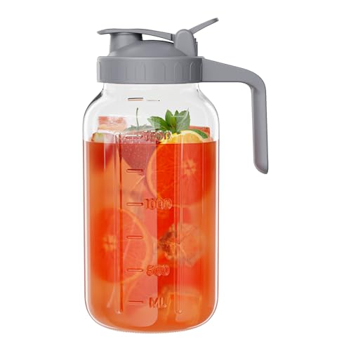 Glass Pitcher with lid, 64 oz Wide Mouth Mason Jar | Dual leak-proof lid, heavy duty glass design, pour spout and handle for cold brew coffee, sun tea and iced drinks - color: Gray, size: 64 Ounces