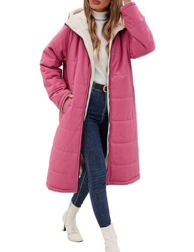 Women Winter Coats Fleece Long Coats Jackets Oversized Warm Down Jacket with Hood - color: Brick Red, size: XX-Large