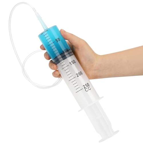 3 Pack 250ml Syringes with 55.1” Tube and Needle 14G 1.5”, Sterile Syringe with Cap Individually Packaged for Scientific Labs, Measuring, Watering, Refilling - style: 250ml