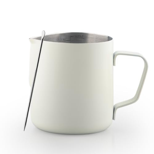 Milk Frothing Pitcher 20oz/600ml Stainless Steel Steaming Cup | Thickened Jug Steaming Pitcher with Latte Art Pen for Cappuccino/Latte/Espresso (White) - size: 20 Ounces