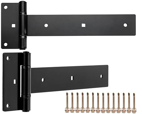 12 Inch Heavy Duty T Strap Hinges (2-Pcs), 4mm Thickened Solid Steel | Black Tee Hinges With Screws,180° Open,Rustproof for Outdoor Wooden Fence Gates, Shed,Barn Door & Farm Gate Hardware (Patent) - size: Middle
