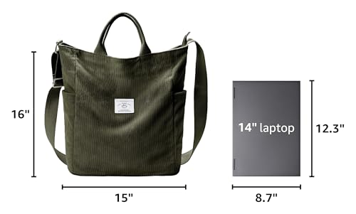 KALIDI Corduroy Tote Bag, Large Slouchy Hobo Messenger Crossbody Bag | Anti Splash Zipper Side Pockets Shoulder Bag Adjustable Strap Lightweight Casual Work Shopping Women - color: Army Green