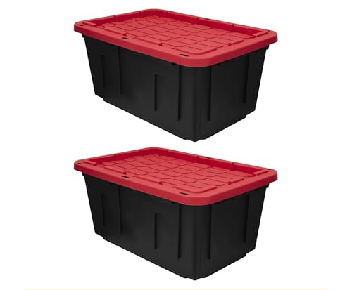 27 Gal Industrial Tote,Pack of 2 red Plastic storage bins with lids for Garage, Basement, or Outdoor,Heavy Duty storage Totes,Black with Red Lid,Stackable & Nestable,Black/Red