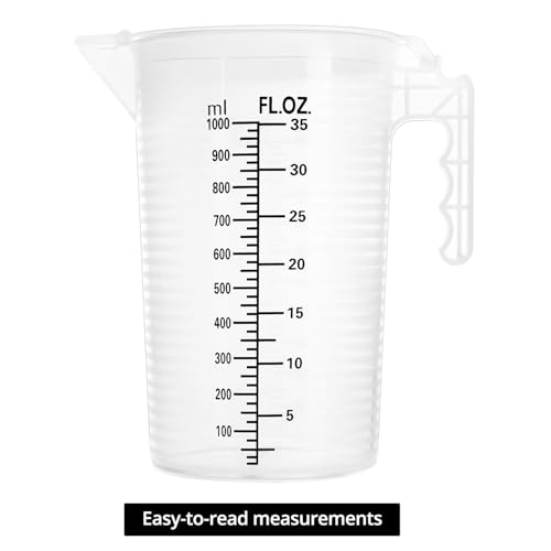 QWORK 2 Pack 32oz (1 Quart) Measuring Pitcher - Plastic, Multipurpose, Polypropylene, with Clear Ounce & Milliliter Markings, Dustproof Lid, for Cooking, Home Hobbies, Shop Oil and Fluids