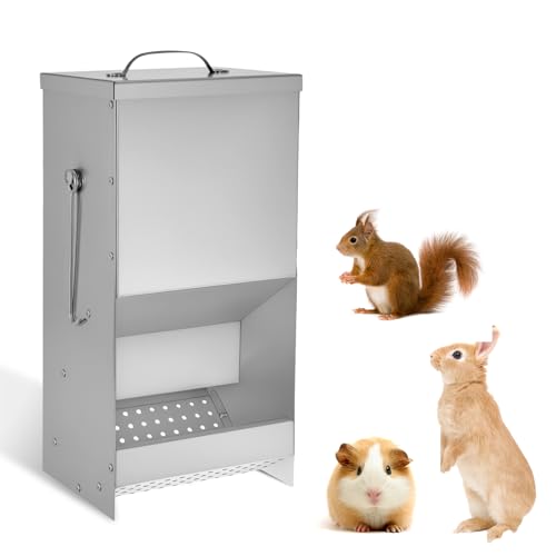 Rabbit Feeders Automatic for Cages,5 Pound Large Metal Trough Feeder Silver | Large Capacity Galvanized Outdoor Bunny Food Dispenser with Lid for Rabbits Chicken Guinea Pig Pet and Other Small Animals
