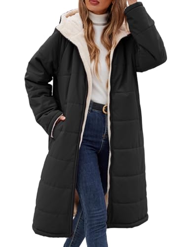 Yusongirl Women's Reversible Long Winter Puffer Coat with Hood and Fleece | Two wearable sides for winter commutes, school runs and city errands, with quilted warmth, soft fleece, a hood and pockets - color: Black, size: XX-Large