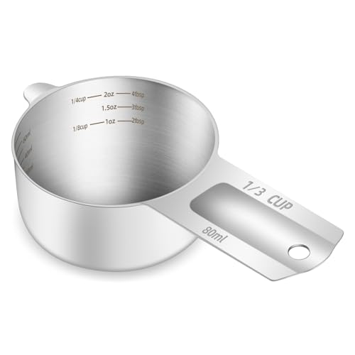 1PCS 1/3Cup (80ml, 2.6oz) Measuring Cup, Etched Inner Scale Measure Scoop | 18/8(304) Food-Grade Stainless Steel, Seamless One-Piece design, Metric and US Measurement, ‌Rust-Free, Dishwasher-Safe - size: 1/3Cup