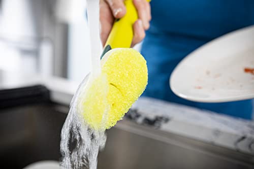 Scrub Daddy Dish Wand, Soap Dispensing Dish Brush, Texture Changing Washing Up Sponge with Liquid Handle, Built-in Scraper & Detachable Scrubbing Head, Drip Stand, Yellow - color: Yellow