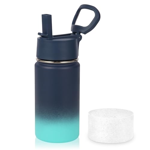Volhoply 14oz KIds Stainless Steel Insulated Leakproof Water Bottle with Straw Lid and Silicone Boot,BPA-Free Easy Use for Boys&Girls,Double Wall Vacuum Bottles(Blue Green,1) - color: Blue Green