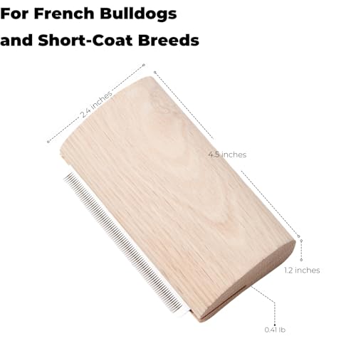 French Bulldog Brush for Shedding, Palm-Grip Wooden Grooming Comb | Fine Stainless Steel Teeth, Curved Body For Short Coats, Face, Neck And Chest Grooming, Bath And Dry Use