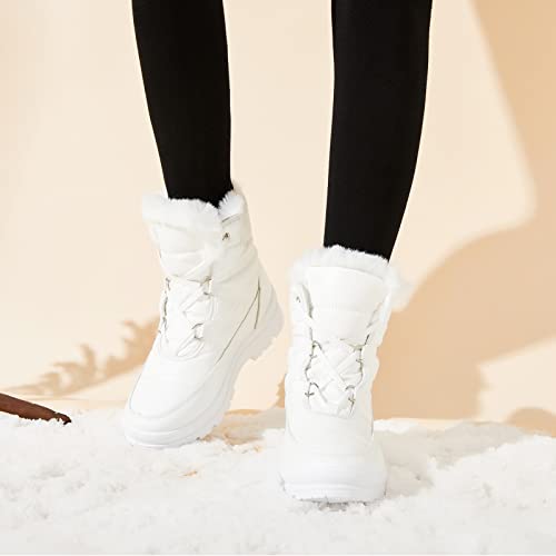 BABUDOG Womens Warm Fur Lined Mid-Calf Boots Waterproof Winter Snow Boots Non-slip Lace up Combat Boots - color: White, size: 7.5