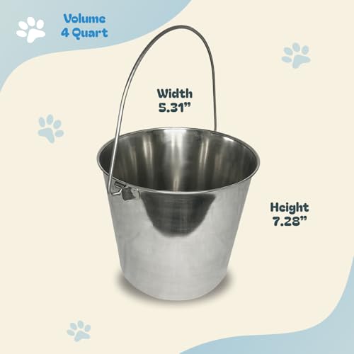 Heavy Stainless Steel Round Bucket, 4 Quart | Durable Food & Water Pail for Dogs, Cats, Kennels, Cages and Critter Crates | Multi-Purpose Bucket - size: 4 quart