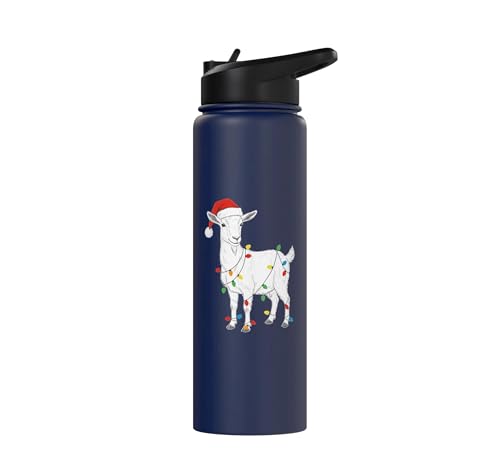 Cute Christmas Goat Kids Santa Hat Holiday Lights Farm Funny Stainless Steel Insulated Water Bottle - color: Navy Blue