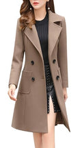chouyatou Women Elegant Notched Collar Double Breasted Wool Blend Over Coat - color: Khaki, size: Large