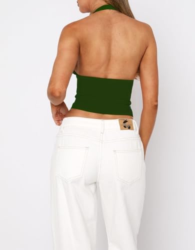 ForeFair Women Sexy Halter Deep V Neck Backless Crop Tank Top Open Back Sleeveless Slim Fit Y2k Summer Tops - color: Dark Green, size: X-Small