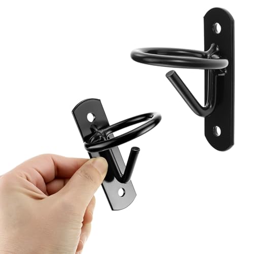 QWORK Metal Bucket Hangers for Horse Stalls, Black Wall Mount Holder with Ring Attachment, Multi-Purpose for Horses, Goats, Donkeys, and More - Includes 4 Hooks and Stainless Steel Screws