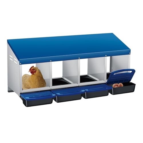 4 Hole Chicken Nesting Boxes, Weatherproof Galvanized Steel Chicken Egg Laying Box with Automatic Rollout Egg Collection, 2-in-1 Handle Perch, Easy Clean & Quick Assemble for Chicken Coop