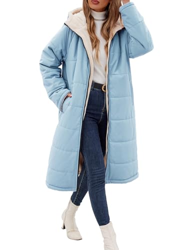 Women Winter Coats Fleece Long Coats Jackets Oversized Warm Down Jacket with Hood - color: Blue, size: Medium