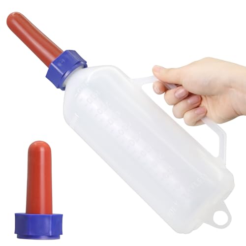 1 Quar Calf Nursing Bottle with Rubber Screw-On Replacement Nipple | Leak-Free Hanging Calf Milk Feeder Bottle with Handle, Livestock Feeding Supplies for Newborn Calves, Lambs, Goats, Cows
