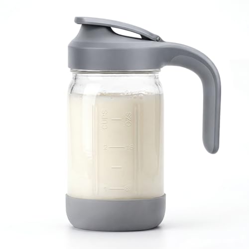 32 oz (1 Qt) Glass Mason Jar Pitcher with Pour Spout Lid & Handle | Airtight Leak-Resistant Flip-Top, Wide Mouth for Ice & Fruit, Non-Slip Silicone Base, Measuring Marks, Fridge Water/Iced Tea - color: Gray, size: 32 Ounces