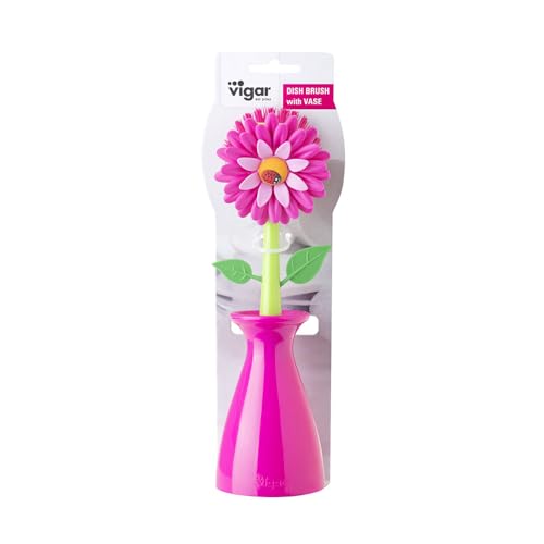 Vigar Flower Power Dish Brush with Handle and Vase Holder - Pink | Dish Scrub Brush for Dishes, Kitchen Scrub Brush, Sink Cleaning Brush, Pot Scrubber, Dishwashing Brush - color: Pink