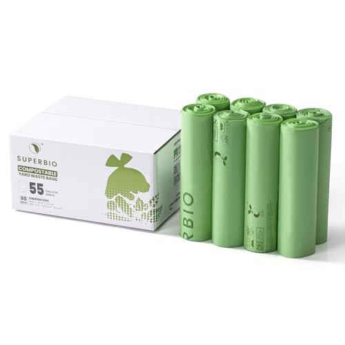 SUPERBIO 55 Gallon Compostable Yard Waste Bags | 80 Count Bulk, Large Yard Waste Bag, ASTM D6400, US BPI and Europe OK compost INDUSTRIAL Certified - style: 55 gallon,80 count