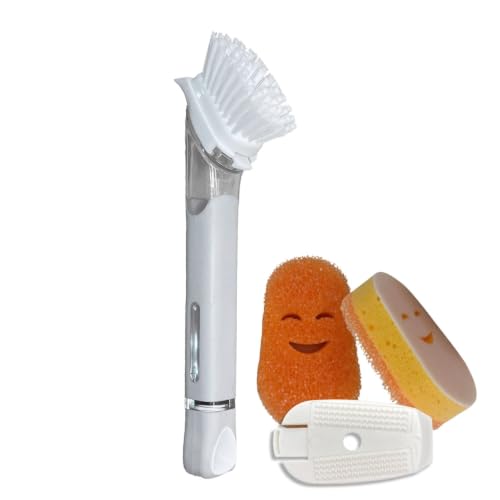 Smilyeez Grey Soap Dispensing Dish Wand – Scrub Brush + 2 Cute Non-Scratch Sponge Heads - color: Gray