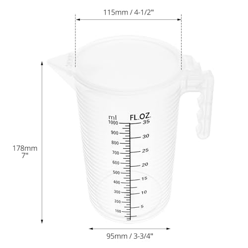 QWORK 2 Pack 32oz (1 Quart) Measuring Pitcher - Plastic, Multipurpose, Polypropylene, with Clear Ounce & Milliliter Markings, Dustproof Lid, for Cooking, Home Hobbies, Shop Oil and Fluids